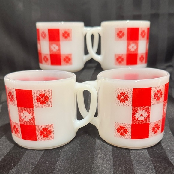 Vintage Federal Milk Glass Mugs in Red and White Gingham with Small Flowers - Picture 16 of 16